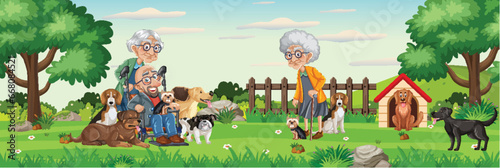 Elderly People Enjoy Park Outdoors with Their Pet Dogs