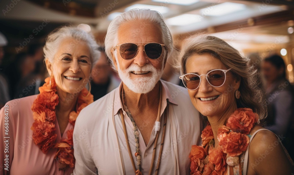 A cheerful group of friends, including adults and seniors, smiling together. A cheerful group of friends, including adults and seniors, smiling together.