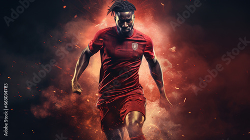 Young sporty athletic african man wearing in red sport clothes, soccer football player in action on dark fire background. Concept of sport, game, action. Copy space for ad. Modern design background © yana136