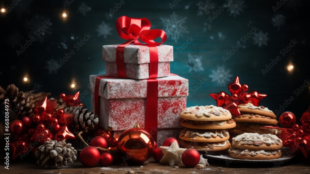 Christmas gift boxes and sweets and decorations for the Christmas tree. Blue background with blurred lights. New Year concept. Christmas gift boxes and sweets and decorations for the Christmas tree. Blue background with blurred lights. New Year concept.