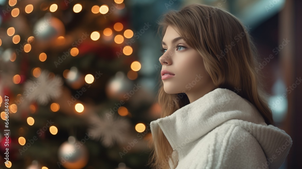Close up portrait of woman in winter clothes. Christmas holidays concept.	