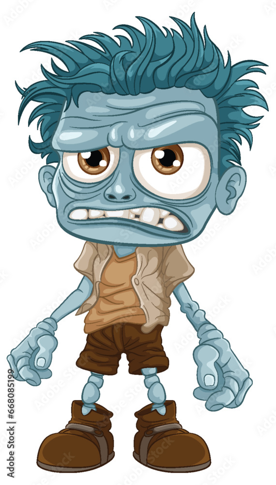 Naklejka premium Grumpy Zombie Man Cartoon Character with Blue Skin