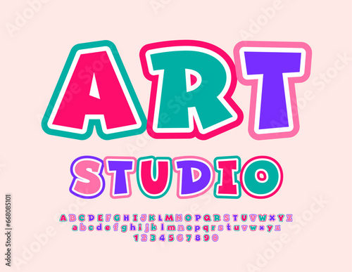 Vector playful emblem Art Studio. Colorful funny Font. Bright Alphabet Letters, Numbers and Symbols set