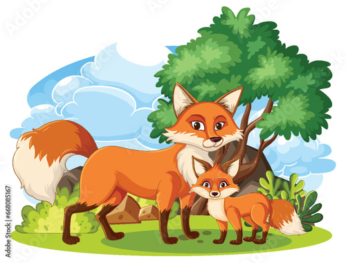 A Family of Red Foxes in Nature