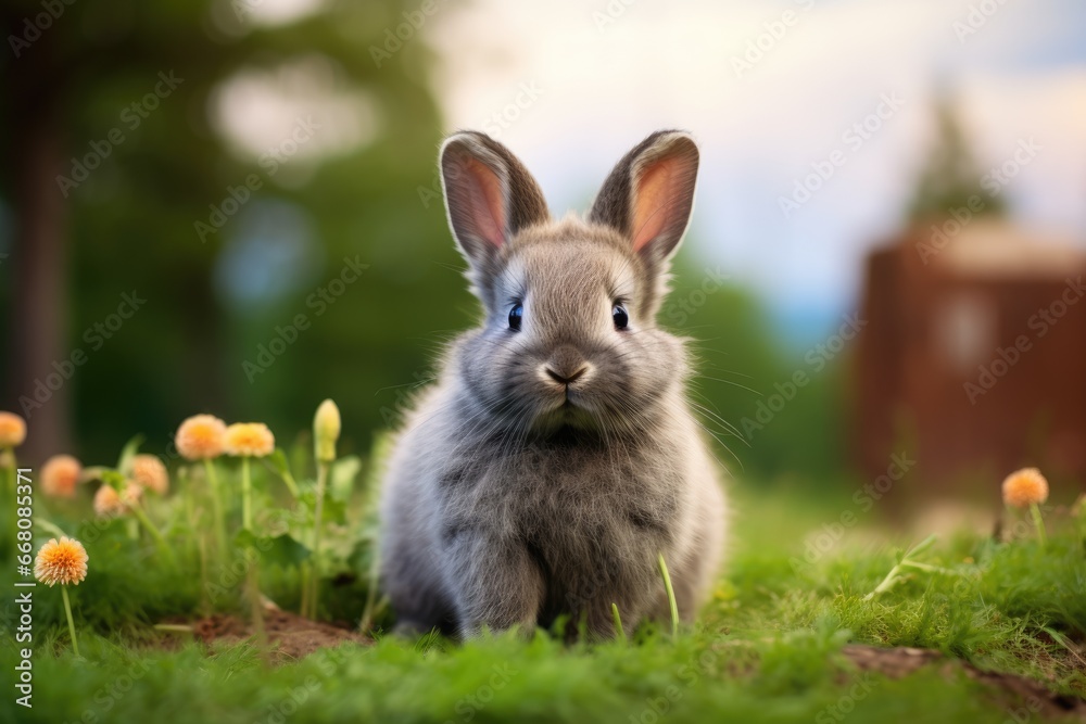Fototapeta premium Domestic pet rabbit in green grass