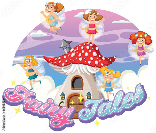 Cute Fairies Cartoon Flying Near Mushroom House