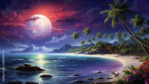 Beautiful colorful island night beach painting wallpaper image Ai generated art