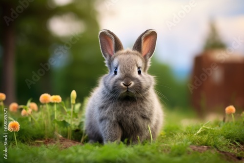 Domestic pet rabbit in green grass