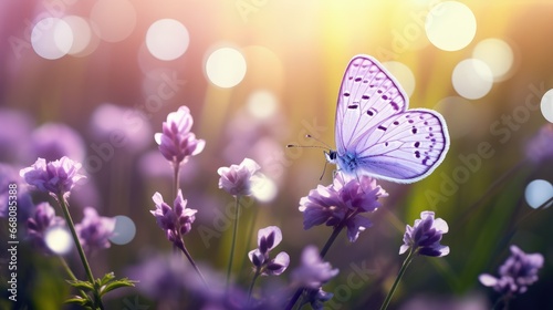 Selective soft focus captures spring s artistic beauty a purple butterfly dances on wild white violets bathed in sunlight