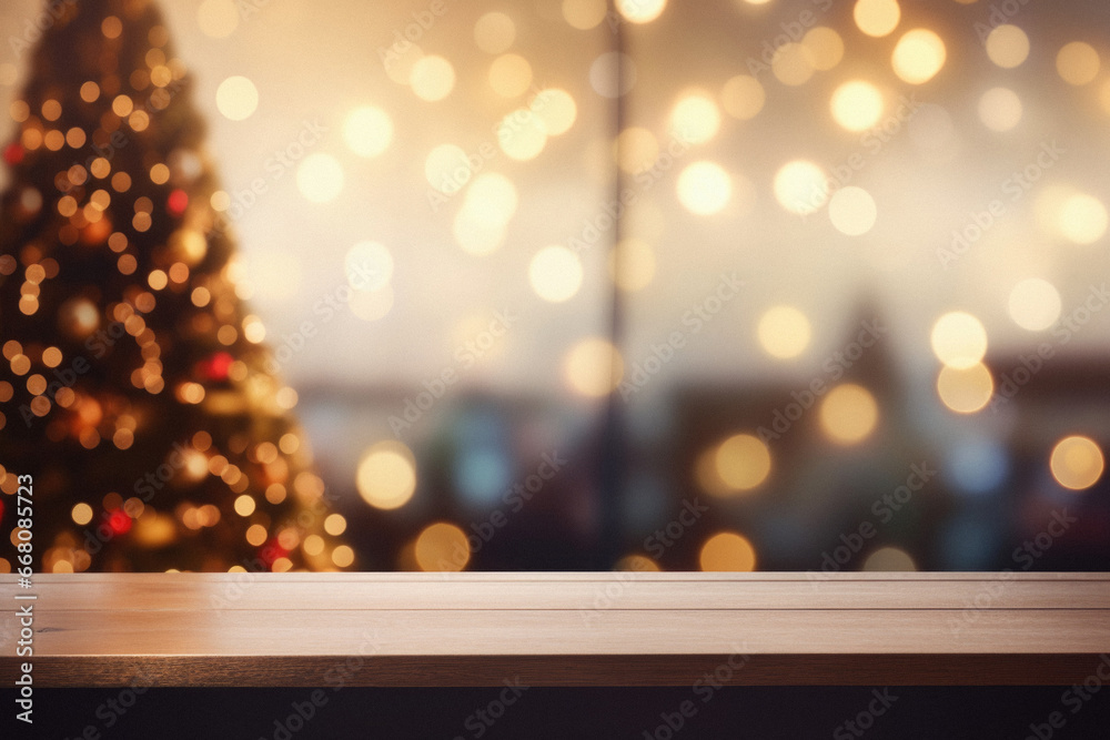 Wooden table in front of blurred background with Christmas tree and bokeh.