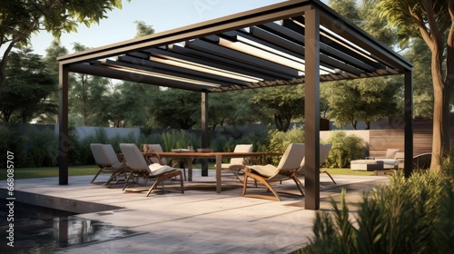Stylish outdoor pergola with shade awning roof garden seating metal grill and landscaping photo