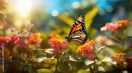 Stunning nature picture monarch butterfly on lantana flower sunny day