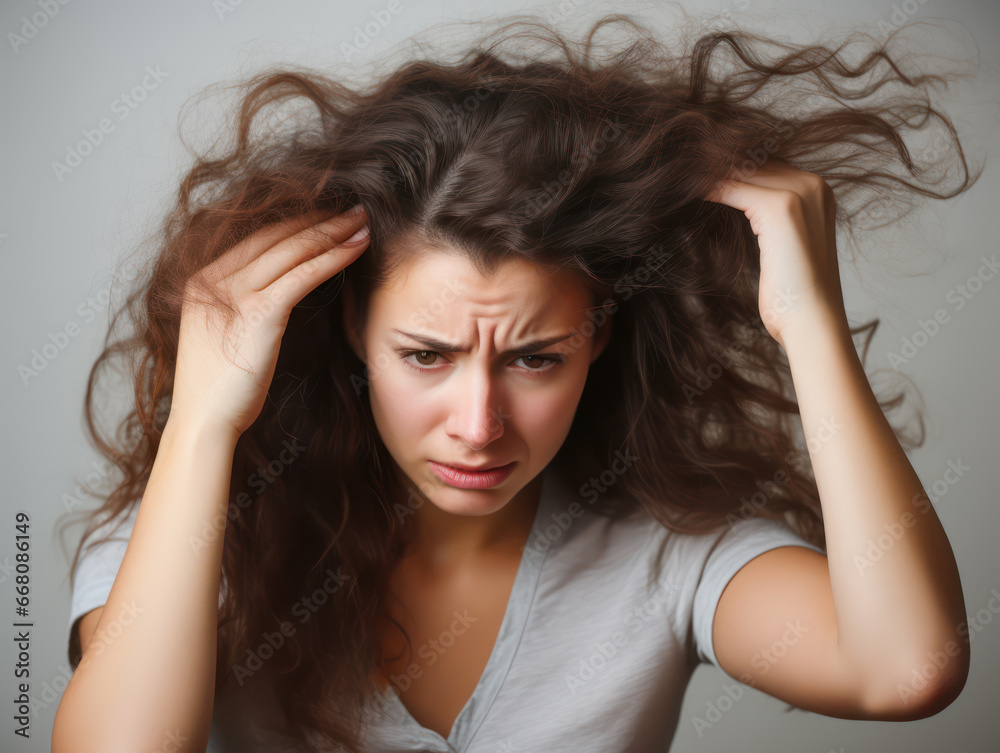 Pretty girl has terrible headache and negative face expression isolated on isolated background Pretty girl has terrible headache and negative face expression isolated on isolated background