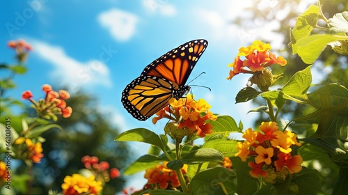 Stunning nature picture monarch butterfly on lantana flower sunny day © vxnaghiyev