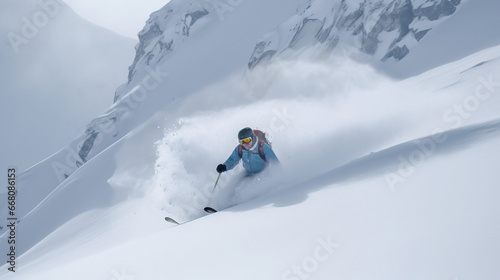 Skiers athletes compete going down from ski mountain. AI generated.