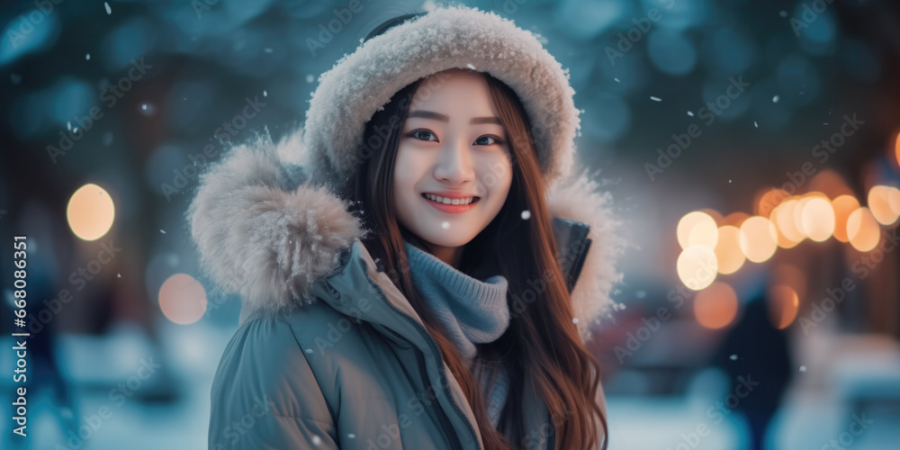 Close up portrait of beautiful asian woman in winter clothes. Christmas holidays concept. Close up portrait of beautiful asian woman in winter clothes. Christmas holidays concept.