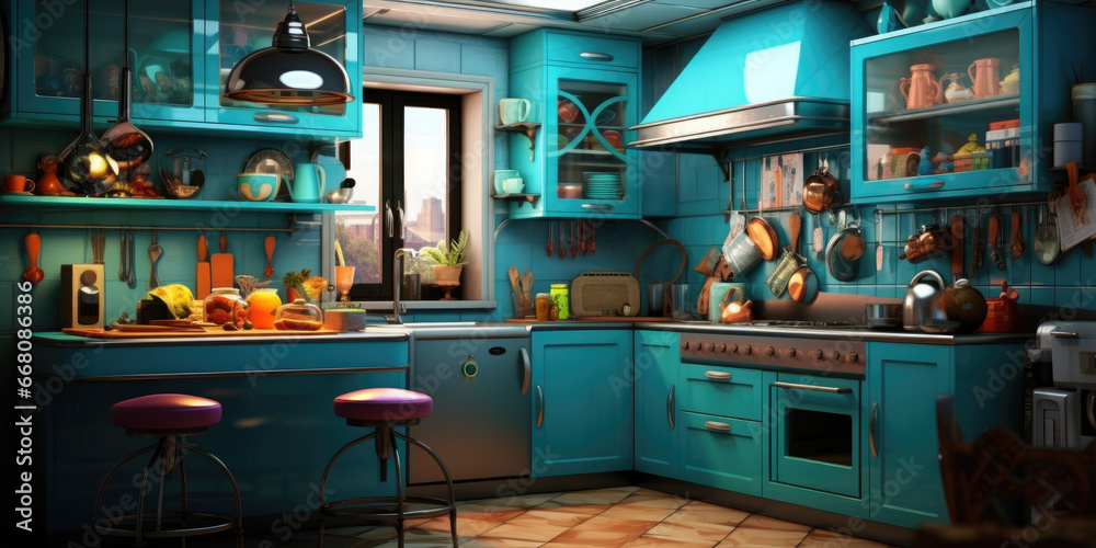 pastel turquoise kitchen decor with a bright colorful theme