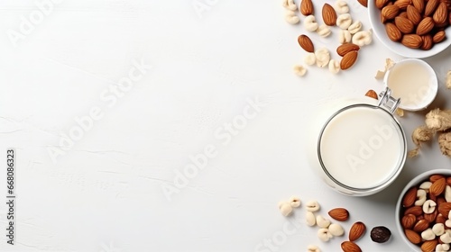 Text space available on flat surface with vegan milk and assorted nuts