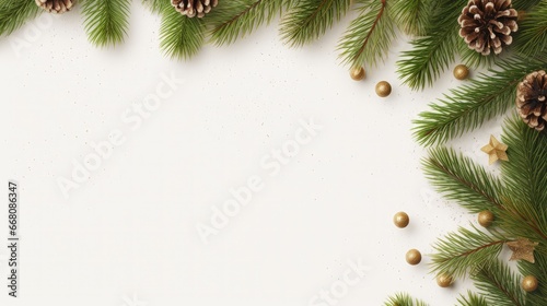 Xmas themed composition of decorations and fir branches flat lay space for a greeting