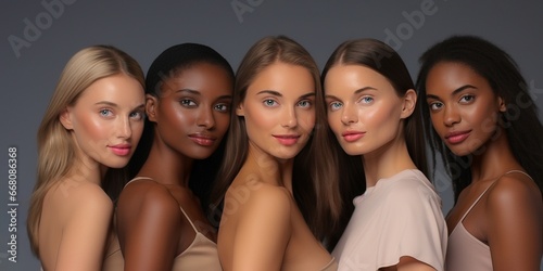 Portrait of a five fashion models of diverse ethnic origin with great skincare