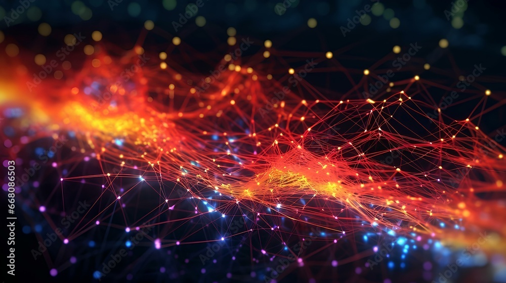 Abstract connected dots and lines glowing neon that burst. AI technology concept, digital data flow movement. Communication and network. 3D rendering. generative AI Abstract connected dots and lines glowing neon that burst. AI technology concept, digital data flow movement. Communication and network. 3D rendering. generative AI