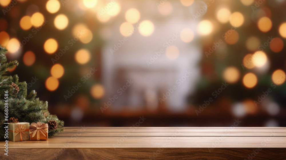 Wooden table and christmas decoration on bokeh background.