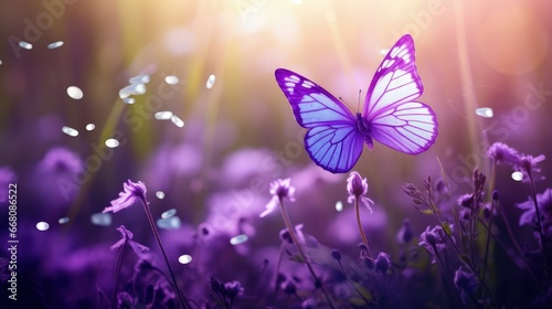 Selective soft focus captures spring s artistic beauty a purple butterfly dances on wild white violets bathed in sunlight photo