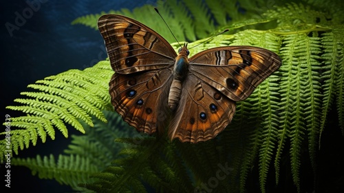 UK side profile view of Pyronia tithonus the hedge brown butterfly on fern also known as the gatekeeper photo