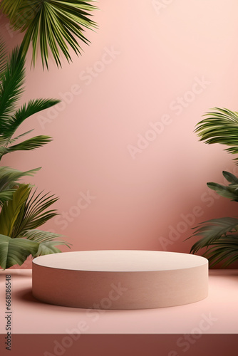 Abstract cylinder pedestal podium display against tropical pink background. Product presentation, mock up, show natural cosmetic product. Modern pastel scene for Award, Decor element background