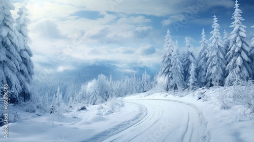 Scenic winter road through mountain forest Gorgeous snow landscape © vxnaghiyev