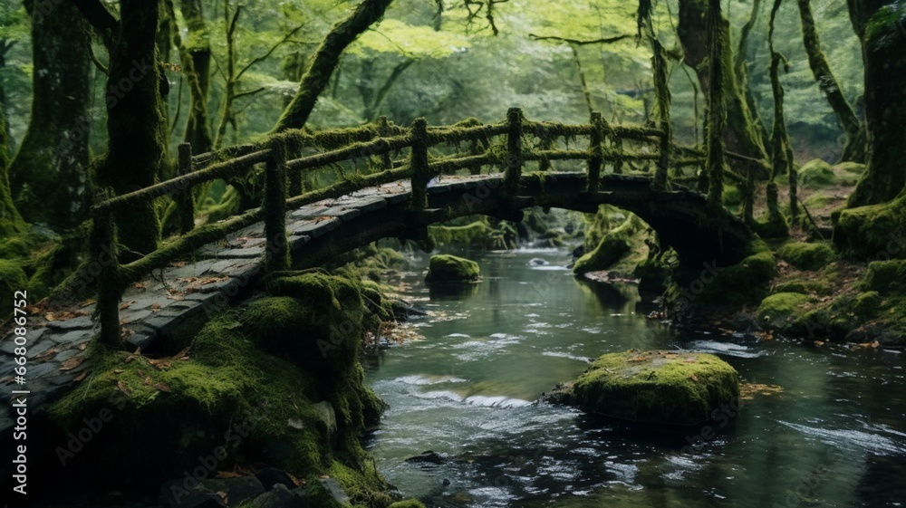 Beautiful enchanted looking footbridge with moss image Ai generated art Beautiful enchanted looking footbridge with moss image Ai generated art