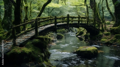 Beautiful enchanted looking footbridge with moss image Ai generated art