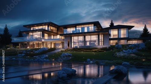 Suburban luxury home at nightfall in Vancouver Canada