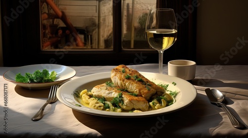 White wine and cod served a...