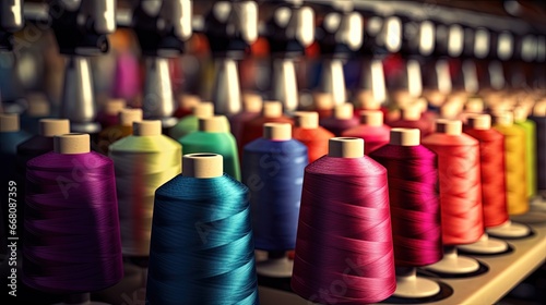Obraz na płótnie Textile factory with spinning and embroidery machines creating colorful threads and fabrics w salonie