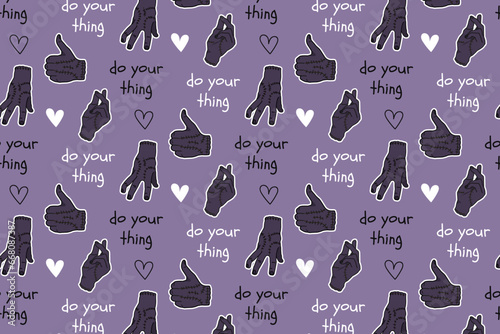 halloween seamles pattern with zombie cut hands. pattern with monster hands and text. wednesday thing pattern in cartoon style on purple background