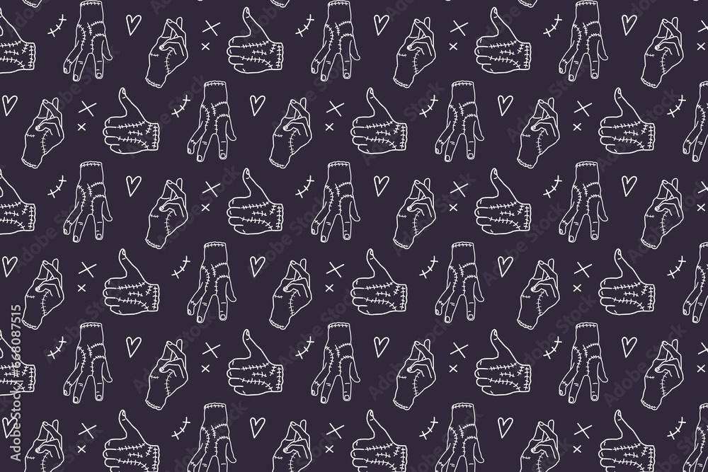 halloween seamless pattern with cut zombie hands. white and purple vector pattern with monster hands. scary wednesday thing pattern in sketch style