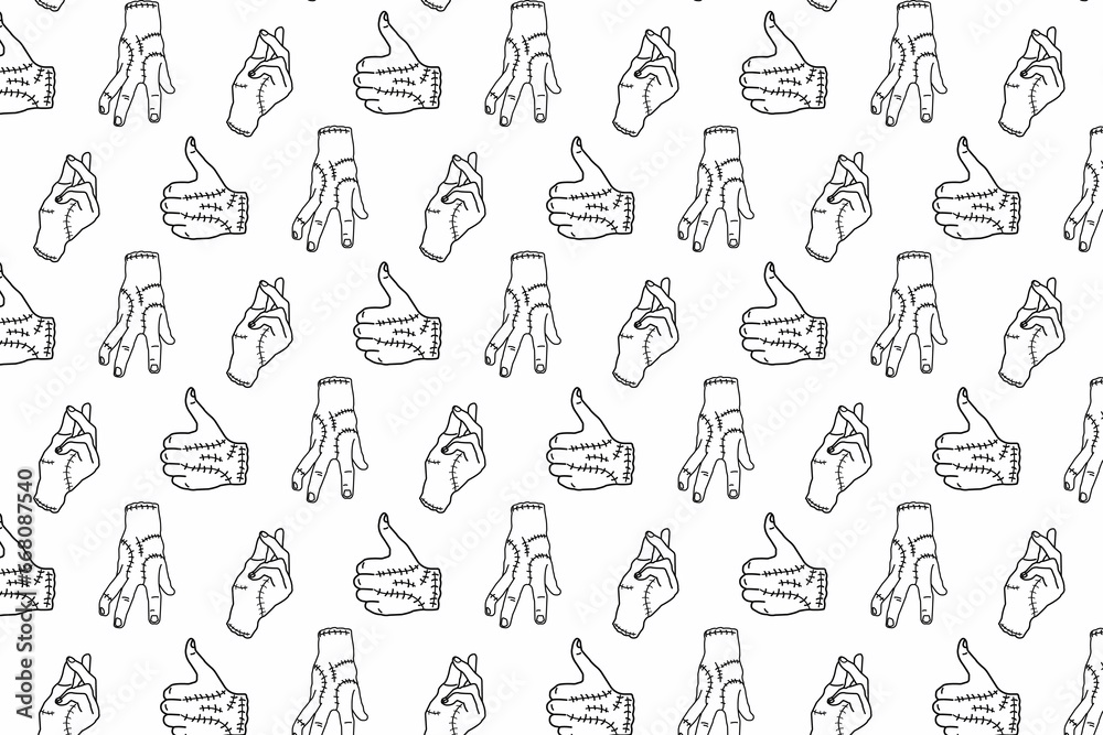 seamless pattern with zombie hands in line art style. halloween monster hand pattern. wednesday thing seamless pattern on white background - obrazy, fototapety, plakaty 