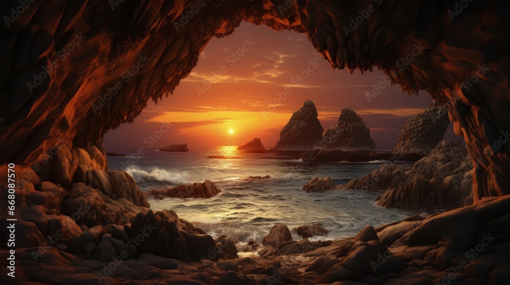 Sea sunset viewed from cave