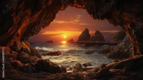 Sea sunset viewed from cave