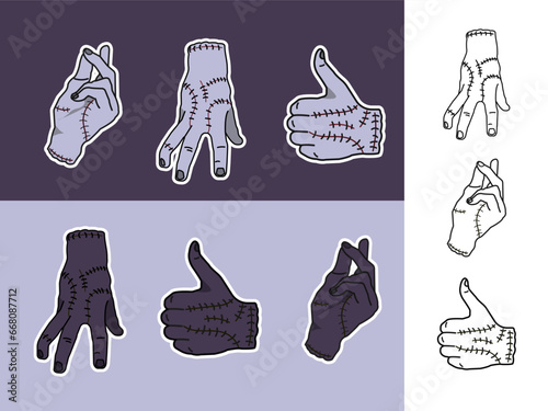 set of zombie hand gestures for halloween. scary monster cut hand in cartoon style. wednesday thing illustration in flat style