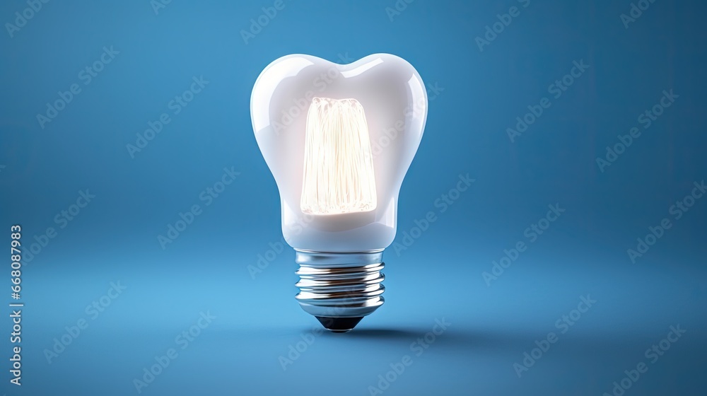 White tooth and incandescent light bulb collage on blue background represents dental concept emphasizing teeth protection and care