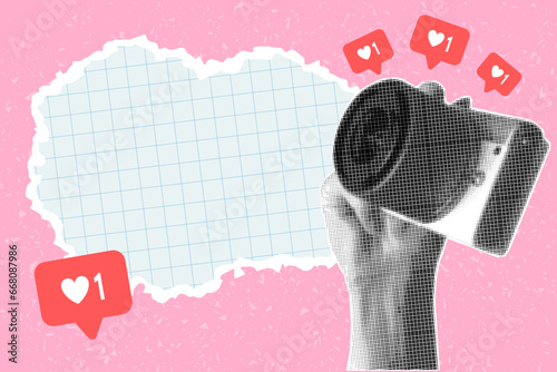Halftone collage banner template, hand with camera, likes and torn paper on pink background. Elements cut out from a magazine, photographer.