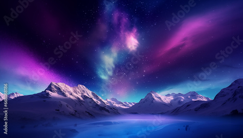 Purple Aurora borealis above snowy mountains. Night sky with polar lights. Night winter landscape