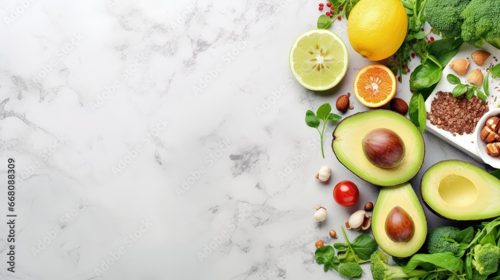 Vegan flat lay featuring organic fruits nuts vegetables and avocado on a white marble cutting board Raw food concept with copy space Vegan flat lay featuring organic fruits nuts vegetables and avocado on a white marble cutting board Raw food concept with copy space