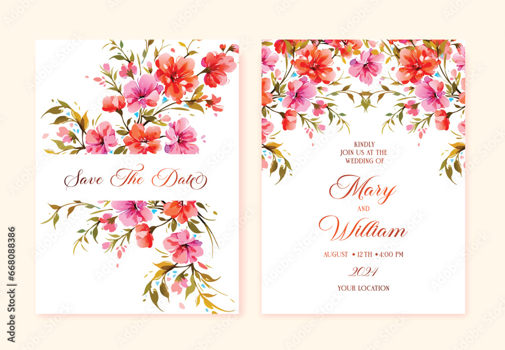 Wedding invitation and Save The Date floral cards design with vintage watercolor flowers and gold calligraphy