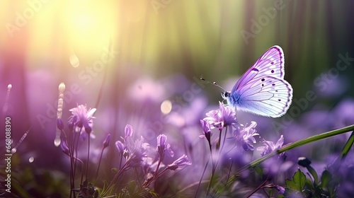 Selective soft focus captures spring s artistic beauty a purple butterfly dances on wild white violets bathed in sunlight