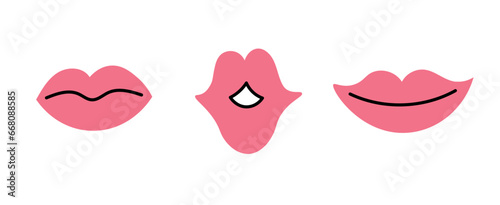 Modern pink lips set. Mouth vector illustration. Kiss smile serious emotions. 