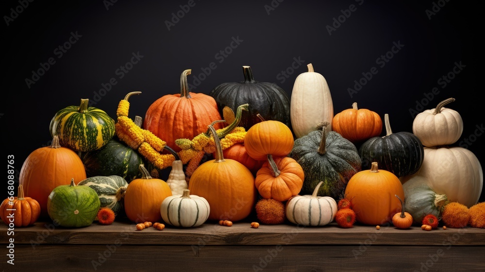 Varieties of heirloom squashes and pumpkins in a horizontal photo Varieties of heirloom squashes and pumpkins in a horizontal photo