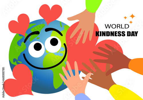 World kindness day. Random acts of kindness day emblem. Caring, responsibility, altruism of people. November 13. PLANET EARTH with text. Vector illustration. Global earth. Ecology theme. 